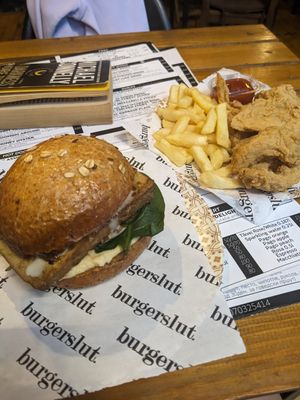 Vegan 2.0 burger and side of vegan 'chicken' (deep fried mushrooms) at Burgerslut in Skopje
