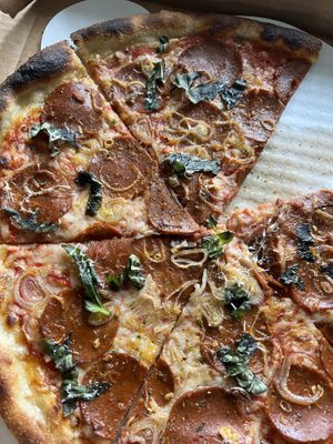  Vegan pepperoni, vegan cheese (Numu), shallots  at Peels On Wheels in Rochester