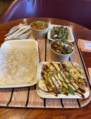 Chickpea curry, plantain and fried okra   at Hullabaloo in Shipley