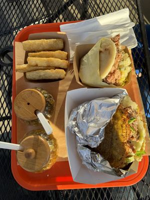 yuca fries, jackfruit Hawaiiana arepa, patacon sandwichh  at Miss Arepa in Lahaina