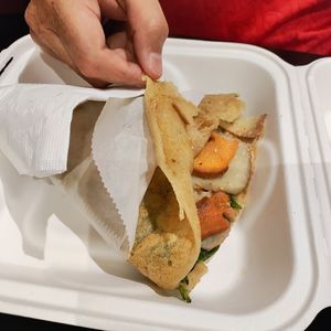 Vegan build-your-own crepe with roasted root vegetables, spinach, and chipotle sauce at Amazing Crepes in Whitefish