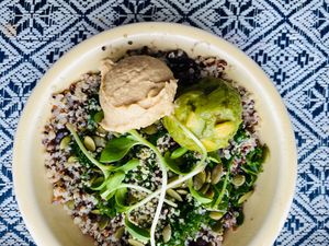GLO GRAIN BOWL Ⓥ 
•sprouted quinoa • black beans • hemp seeds • heirloom pumpkin
seeds • mild green chile guacamole • lemon garlic hummus • microgreens • kale  at Good Life Organic Kitchen in Red Bank