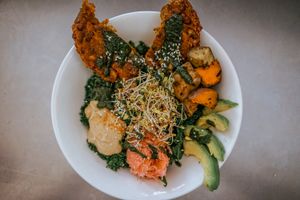 Macro Bowl w/ Bliss Bean Patty + Pesto at Naked Foods in Nosara