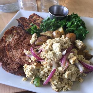 large breakfast plate with French toast at Bartertown Diner in Grand Rapids