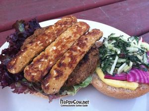 Mayocoba bean, cranberry, and multi grain burger with tempeh bacon, candy cane beet, basil, fennel slaw, lettuce at Bartertown Diner in Grand Rapids