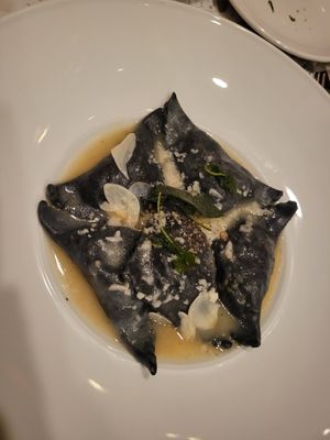 "Squid" ink ravioli at Coletta in New York City