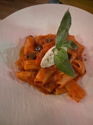Rigatoni alla Norma ($26) - Roma tomato sauce, roasted eggplant, “ricotta,” basil at Coletta in New York City