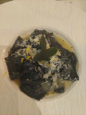 Squid ink ravioli at Coletta in New York City