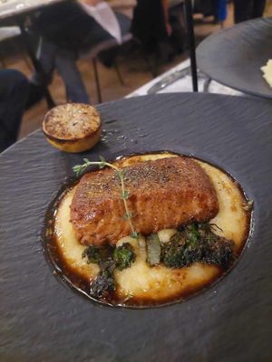 Salmon and polenta special. Very tasty with a lovely texture at Coletta in New York City