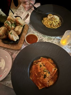 Ricotta ravioli, carbonara and garlic/parsley knots   at Coletta in New York City