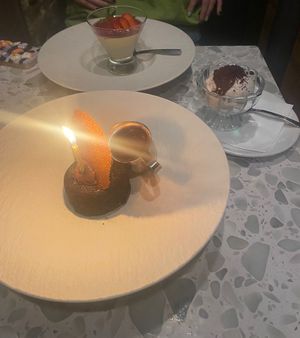 Strawberry Panna cotta and chocolate lava cake with a side of vanilla ice cream   at Coletta in New York City