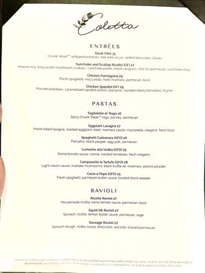 Menu: Entrées, Pastas, Ravioli  at Coletta in New York City