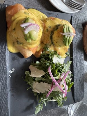 Eggs Benedict with smoked salmon   at Coletta in New York City