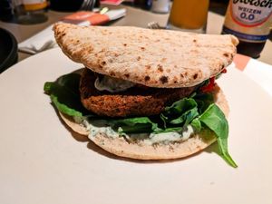 Falafel burger pita without fries at Café de Jaren in Amsterdam