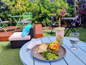 Tofu breakfast burrito (specify no cheese to make vegan) at Gratefuel Cafe in Fort Lauderdale