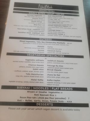 Separate vegan menu at Noon Mirch in Webster