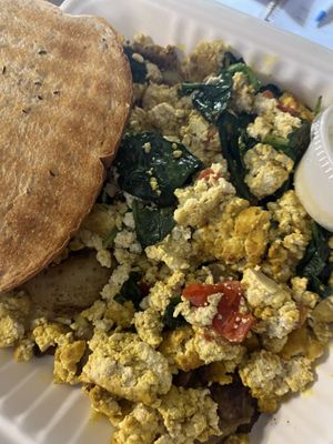 Tofu scramble with rye toast vegan butter and not pictured side of v bacun  at Butter Cafe in Dayton