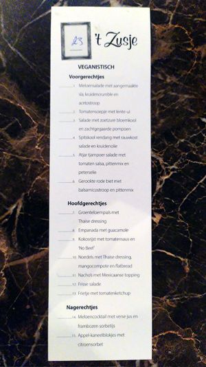 Vegan menukaart (op aanvraag beschikbaar) at 't Zusje in Cuijk