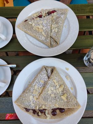 Belgian chocolate and raspberry vegan crepe (top) and Belgian chocolate and almond vegan crepe at Palačinka in Prague