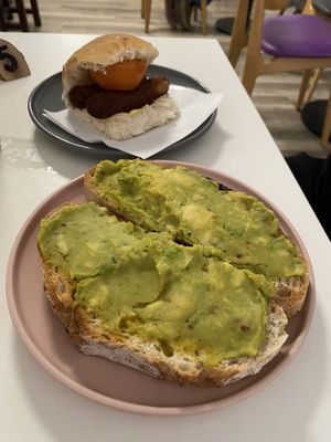 Breakfast roll with vegan sausage & tomato, side of sourdough and side of avocado   at Vera Artisan Bakery in Stirling