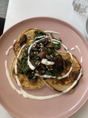 Mushroom and spinach pancakes  at Vera Artisan Bakery in Stirling