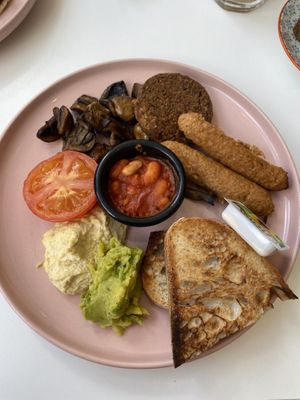 Vegan breakfast with haggis, sausage, homemade beans, hummus, avocado, sourdough, tomato and mushrooms  at Vera Artisan Bakery in Stirling