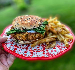 Sun dried tomato and white bean burger  at The Sweet Botanist Plant Based - Cloud Kitchen in Dallastown