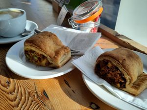 The "Mexican" roll and "Bengali 5 spice" roll at Bluebird Bakery in York