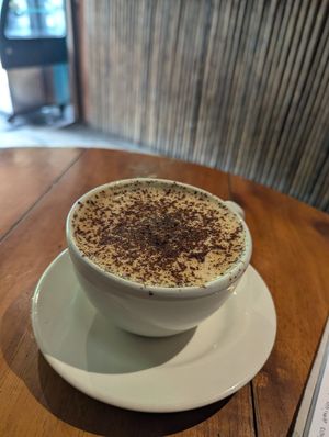 Latte con cashew mylk - 12000pesos, delicious at WAIRA Ice Cream & Speciality Coffee in Minca