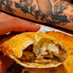 shimeji pastry with chestnut mozzarella at Um Sonho de Coxinha (Cantina Vegana) in Sao Paulo