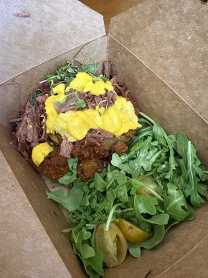 Fried green tomato Benedict with vegan egg and vegan shredded beef  at The Coffee Class in Las Vegas