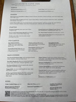 Main menu  at Lulworth Cove Inn in Wareham