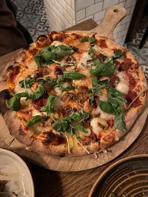 Pizza with “tuna” and mozzarella. My boyfriend loved the cheese, I didn’t.   at Veganska Ölbaren in Stockholm