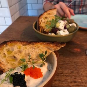 Toast Skagen and Greek Salad at Veganska Ölbaren in Stockholm