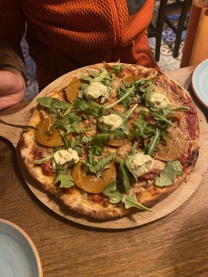 salami pizza  at Veganska Ölbaren in Stockholm