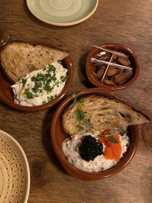 Tzatziki with sourdough bread and “Skagen” with bread   at Veganska Ölbaren in Stockholm