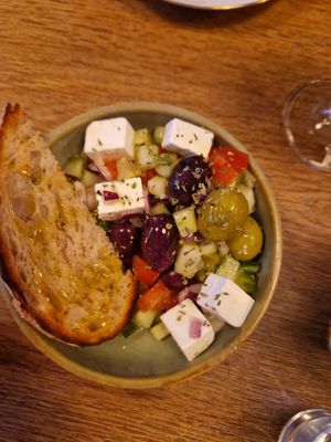 Greek salad at Veganska Ölbaren in Stockholm