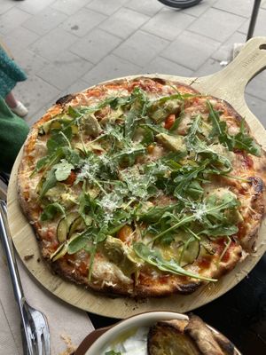 Pizza with artichoke  at Veganska Ölbaren in Stockholm
