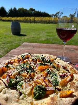 Roast pumpkin, pine nuts, red onion with balsamic glaze and vegan cheese   at Harman Wines in Wattle Bank
