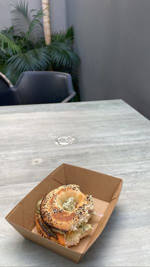 Half eaten “salmon” bagel because I couldn’t wait to eat it before I took a photo. SO GOOD   at Little No Bones in Byron Bay