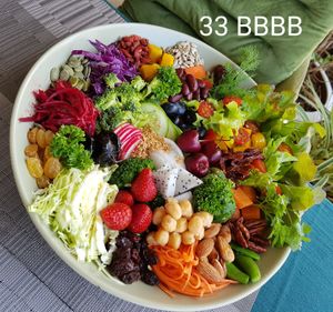Huge protien filled Buddha bowl. This is the large one with over 33 ingredients. 350 Baht at Beyond The Root in Khao Lak