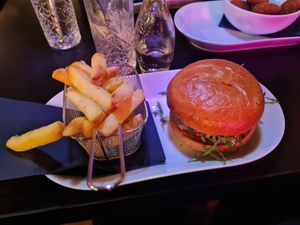 garlic fries and vegan beefy taste paste burger.  at Klandestine in Basel