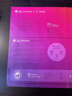 Burger and starters menu  at Klandestine in Basel