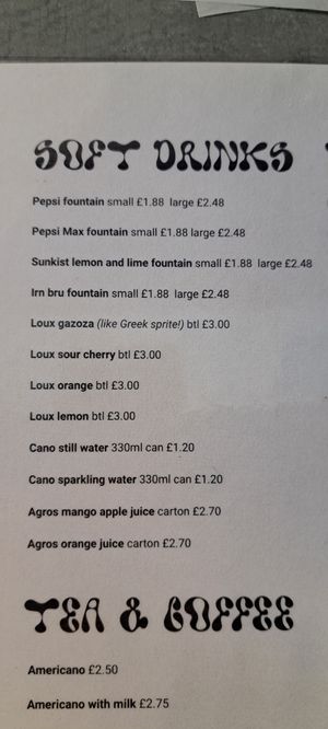 Drinks menu at Yianni's in Glasgow