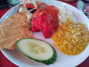 Papadoms, soy tikka masala, and lentil dal at Indian Palace in Mainz