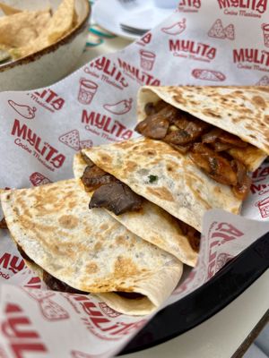 Mushroom quesadillas with vegan cheesee  at Mulita Cocina Mexicana in Malaga
