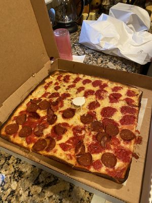 Vegan Grandmas pizza …with vegan pepperoni?? I could cry. (Also yummy is Mozzarella and zucchini sticks not shown)   at Umberto's in Lake Grove