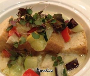 grilled tofu and veggies in a coconut curry at Pyramid Restaurant and Bar in Dallas