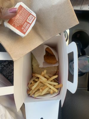 Nuggets fries bbq sauce and sandwich in the bottom  at Mr.Charlie's - Los-Angeles in Los Angeles