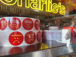 Stickers for burgers🤣 at Mr.Charlie's - Los-Angeles in Los Angeles